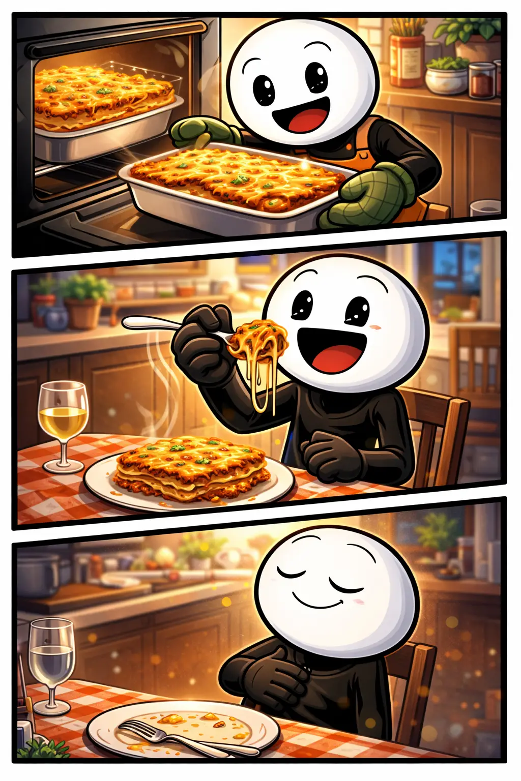 stickman die lasagne bereidt, eet en geniet in drie panelen, passend bij het woord Lasagne
