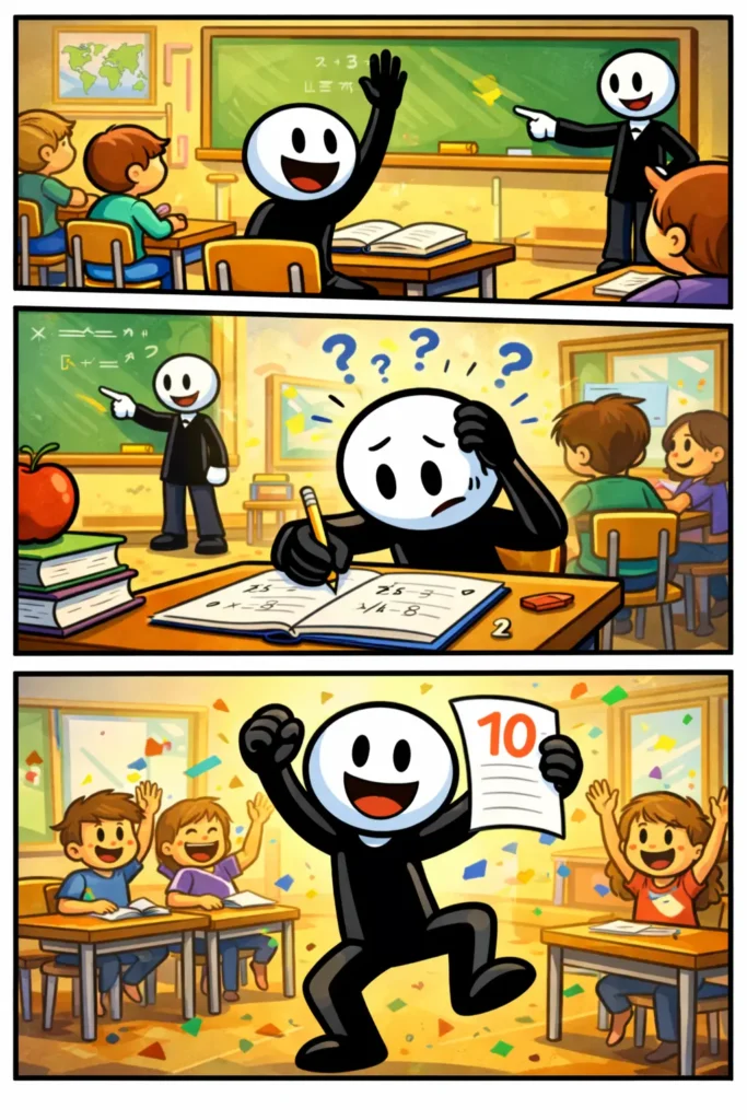 Toonwords-strip over een leerling die tijdens een les verschillende gevoelens ervaart terwijl hij leert.