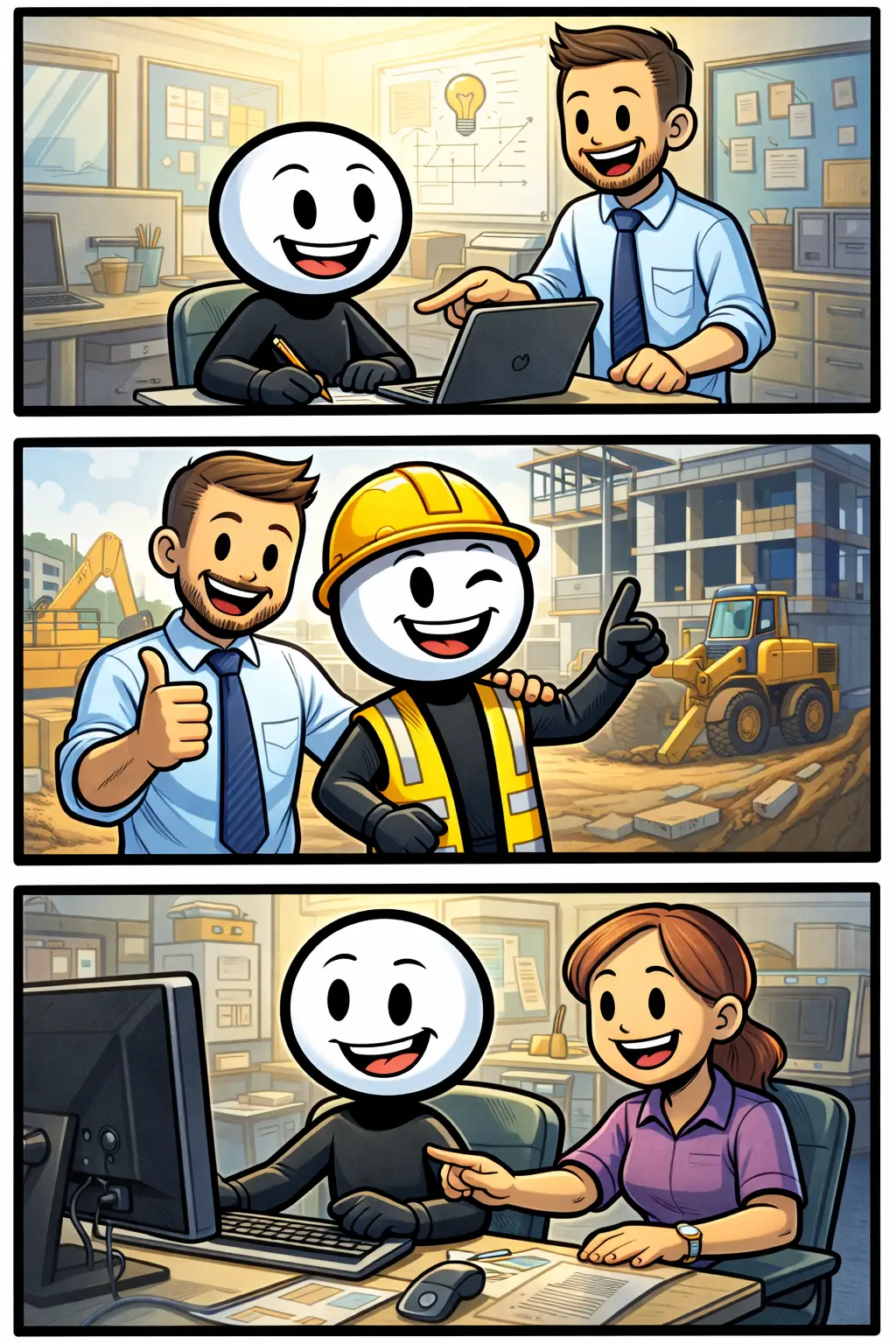 Stickman in drie panelen die een leerwerkplek of stage volgt — toonword leerwerk/stage.