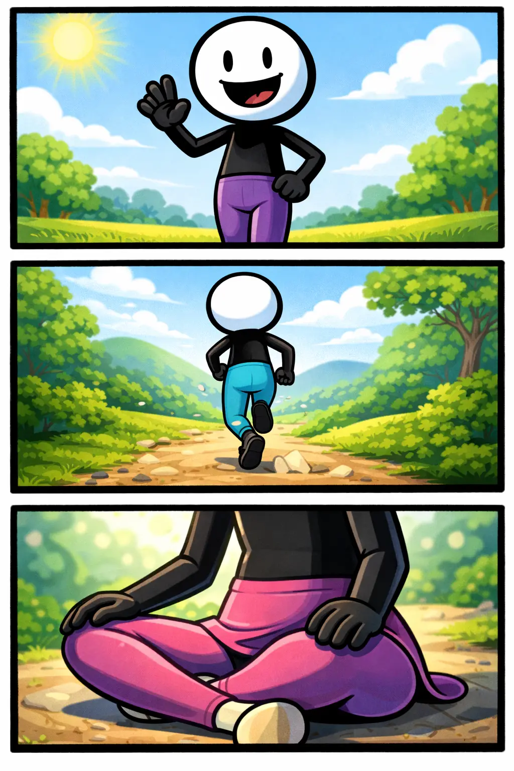 Stickman in Toonwords-stijl die een legging draagt in drie verschillende cameraposities.