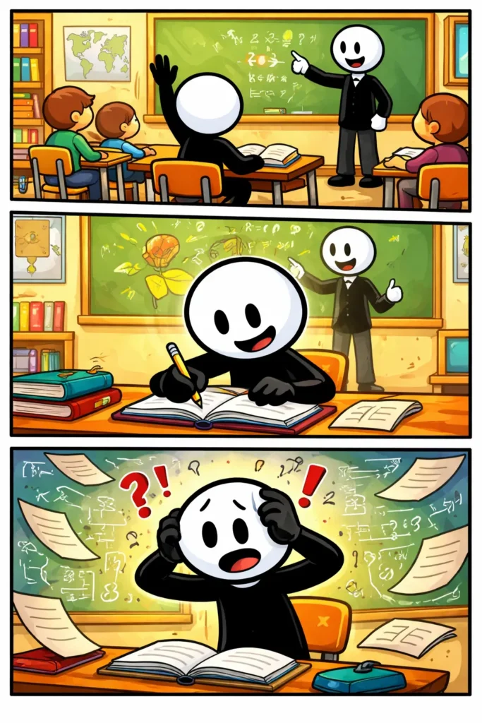 Toonwords-strip over een les waarin een stickman verschillende gevoelens ervaart tijdens het volgen van onderwijs.