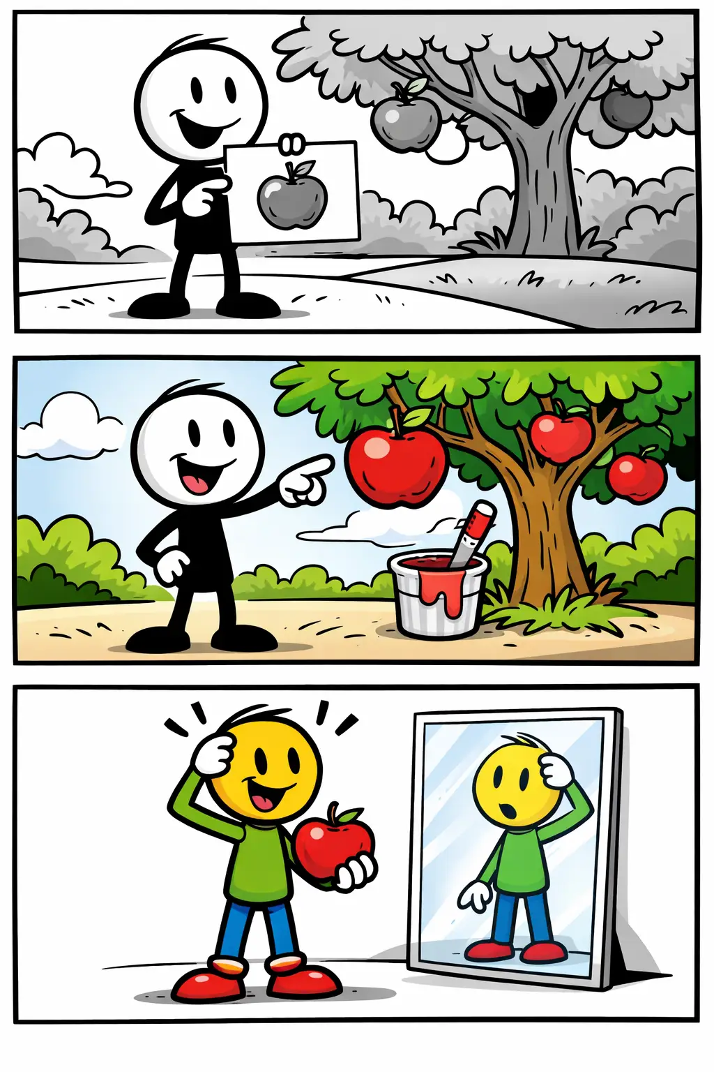 Stripafbeelding met drie panelen van een stickman in Toonwords-stijl die het woord letterlijk laat zien door woorden precies te nemen zoals ze zijn.