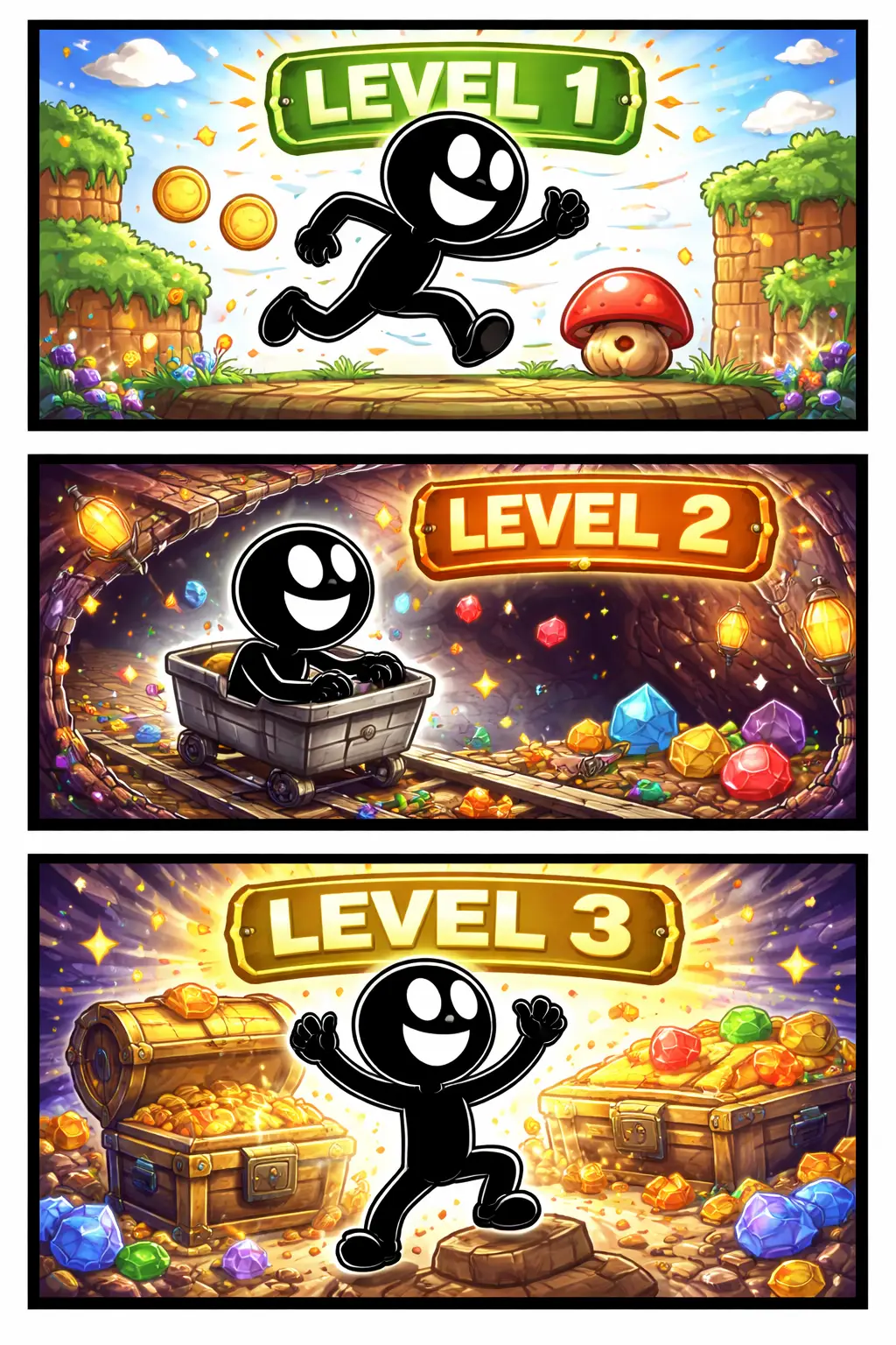 Driepaneel-strip met stickman in Toonwords-stijl die verschillende levels in een game doorloopt.