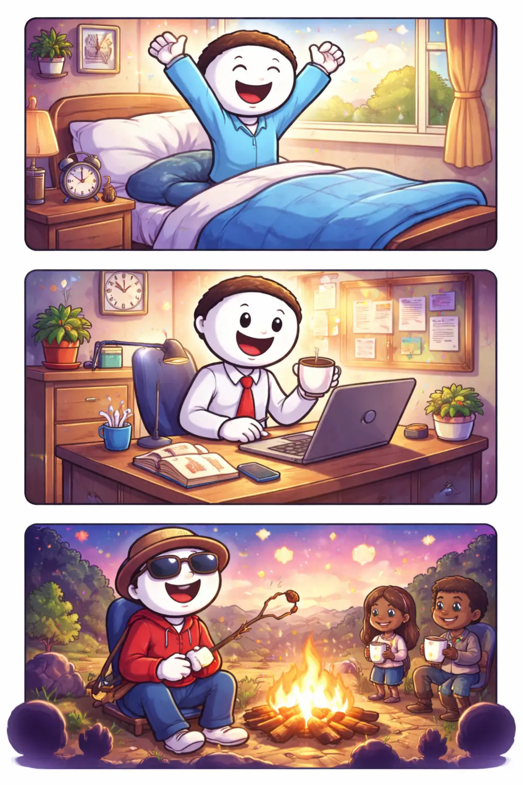 Stripafbeelding in Toonwords-stijl van een stickman die opstaat, werkt en ontspant, passend bij het woord levensritme.