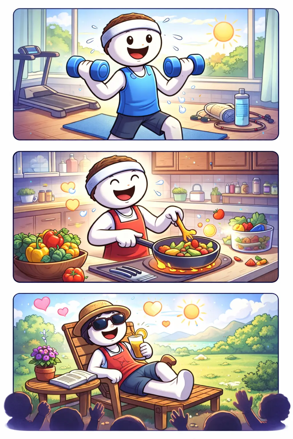 Stripafbeelding in Toonwords-stijl van een stickman die sport, gezond kookt en ontspant, passend bij het woord levensstijl,.