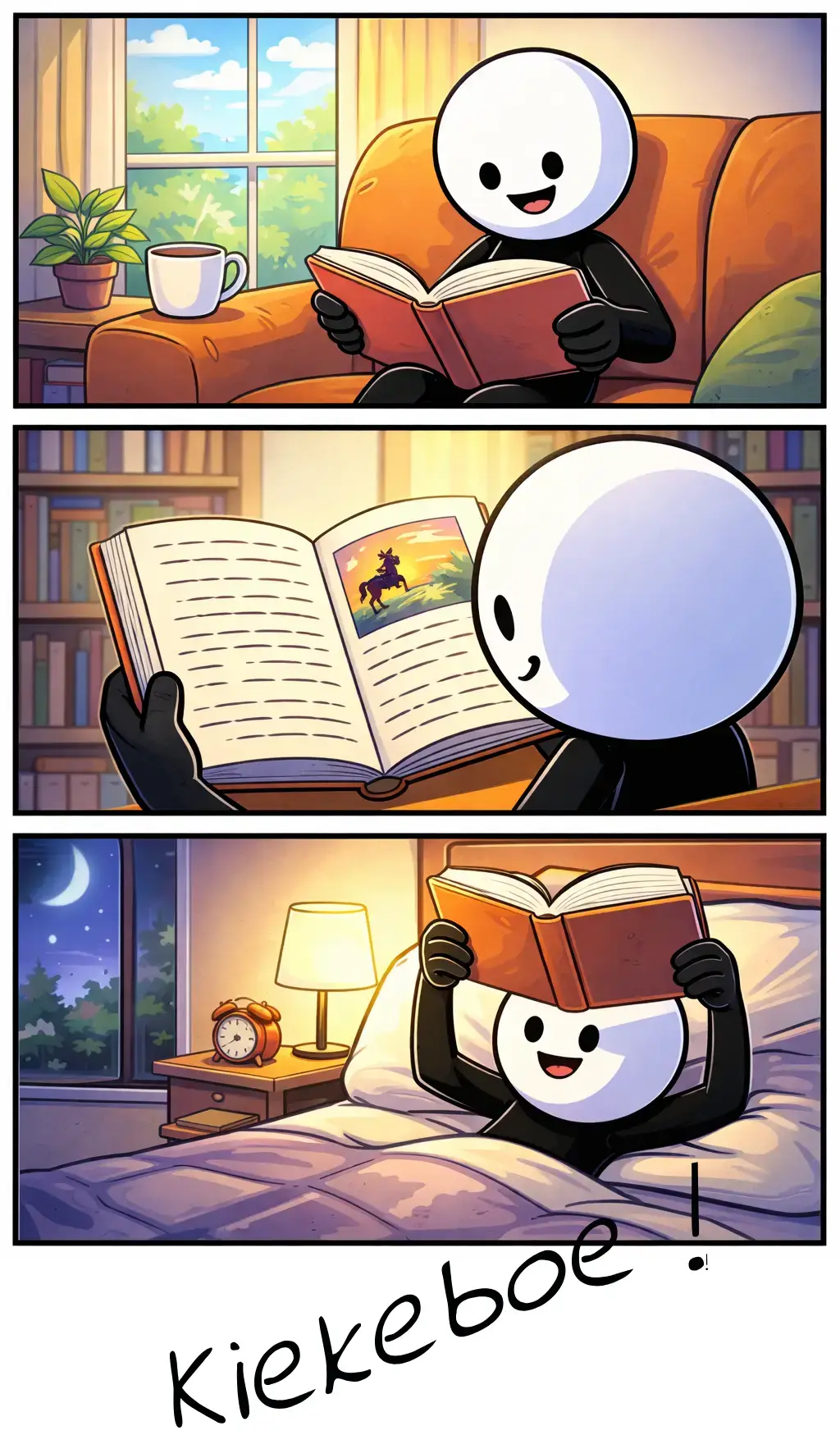 Stripafbeelding in Toonwords-stijl van een stickman die aan het lezen is; drie panelen met verschillende camerastandpunten bij het woord ‘lezen’.