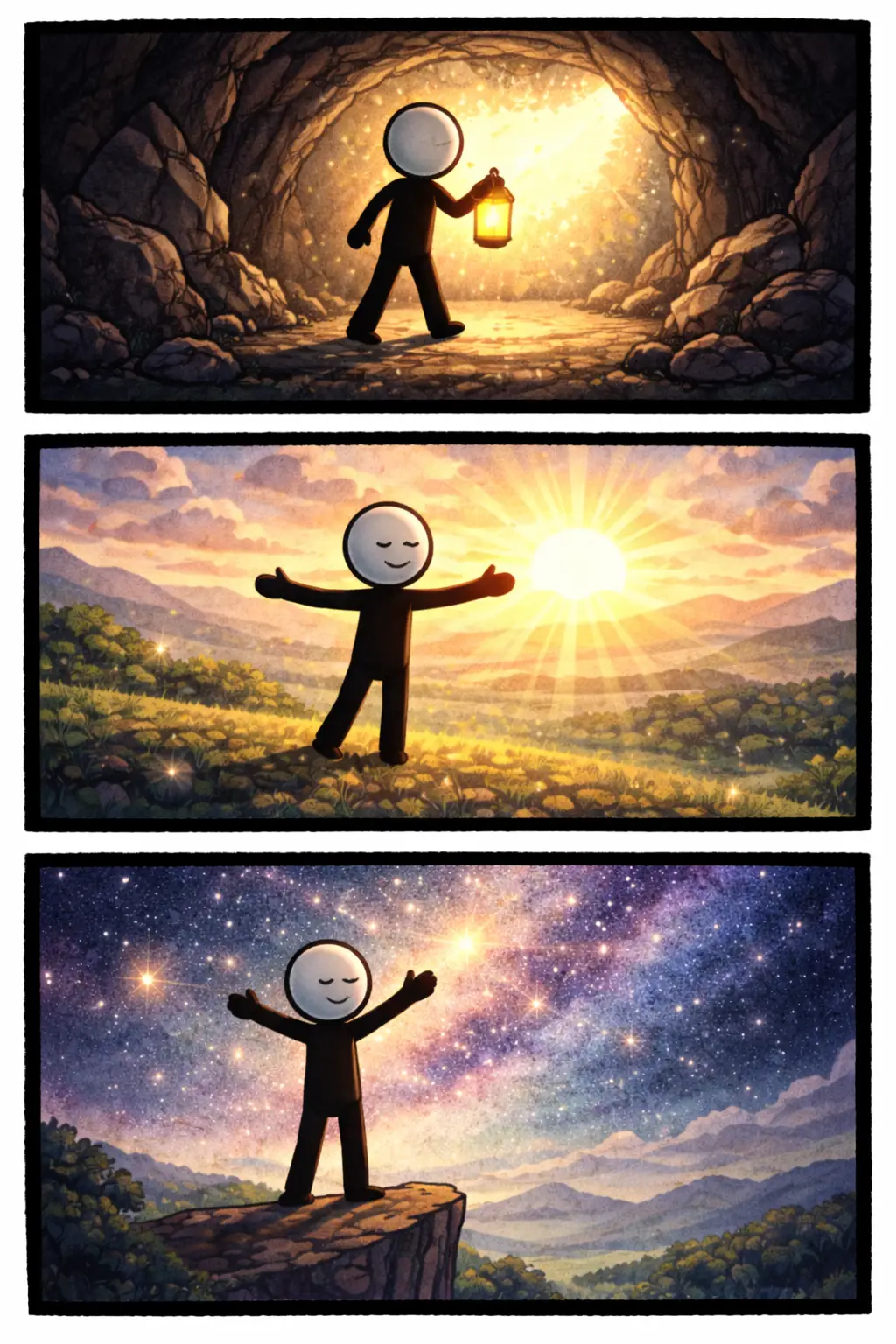 Driepanelenstrip met een stickman in Toonwords-stijl die het woord Licht verbeeldt door een lantaarn, een opkomende zon en een stralende sterrenhemel.