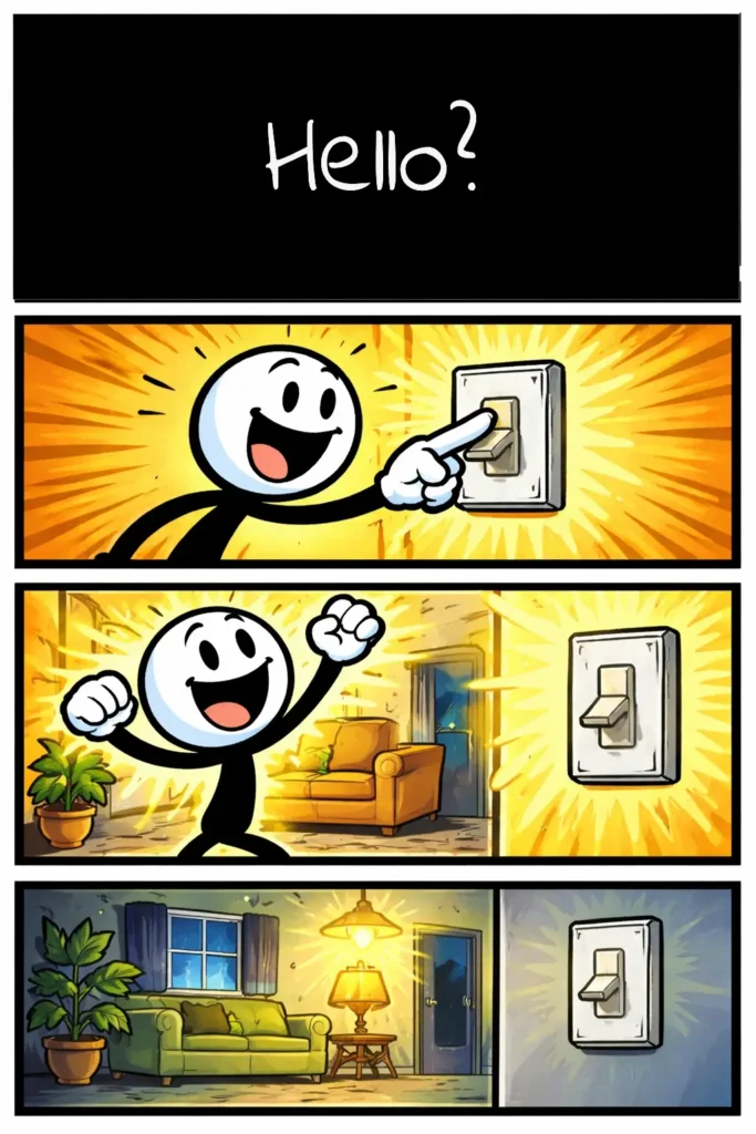 Toonwords-strip met een stickman die een lichtschakelaar omzet en een kamer verlicht.