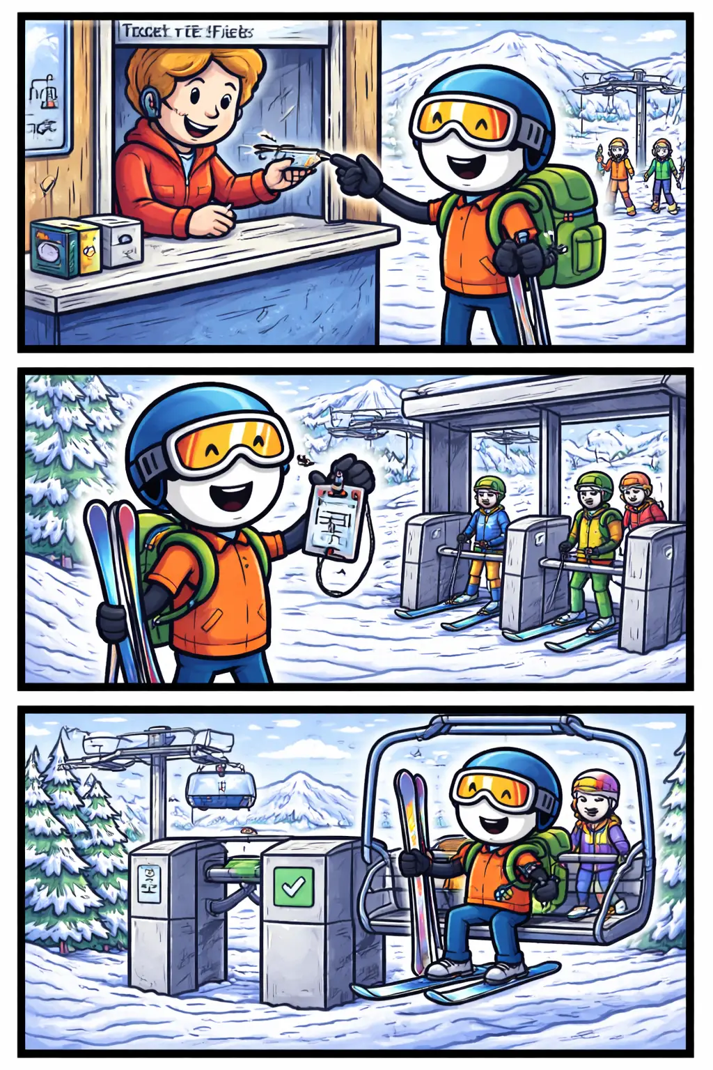 Stickman in Toonwords-stijl die een liftpas scant bij een skilift in een winters skigebied, met het woord Liftpas als thema.