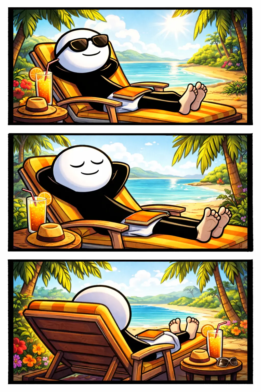 Stickman die ontspannen in een ligstoel ligt in Toonwords-stijl, genietend van rust en zon.