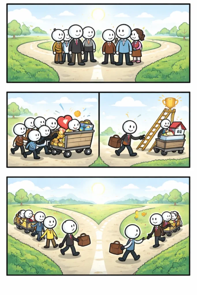 Driepanelige stripafbeelding met stickman in Toonwords-stijl over Links en rechts (politiek), waarin verschillende politieke richtingen visueel worden vergeleken.