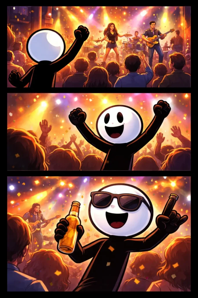 “Toonwords-strip van live muziek met een stickman die geniet van een optreden op een podium.”