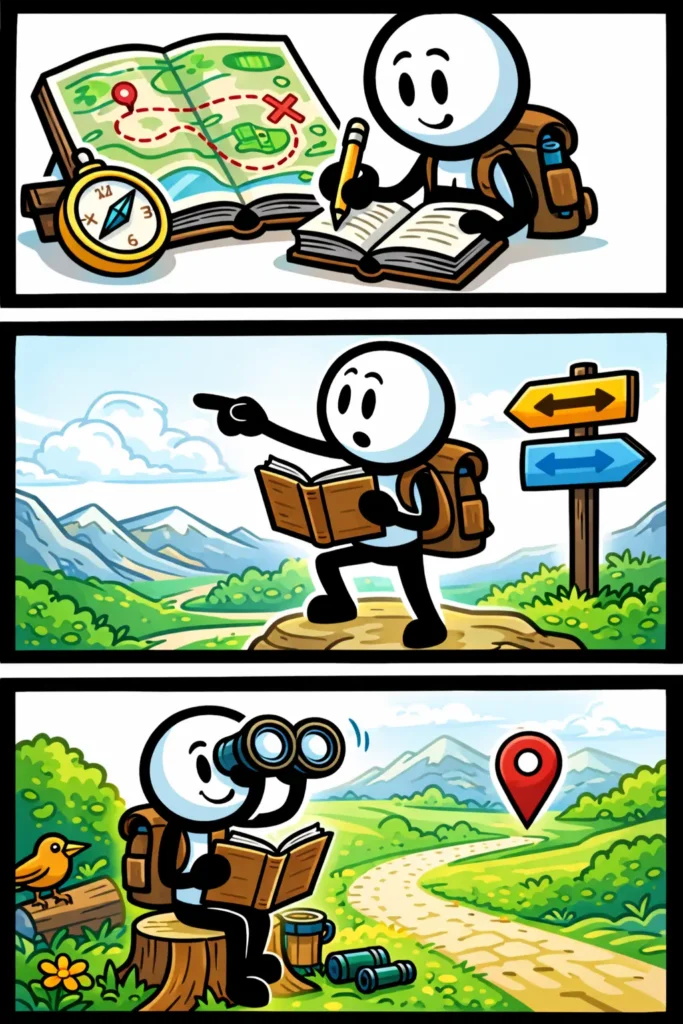 Stripafbeelding met een stickman in Toonwords-stijl die een logboek bijhoudt tijdens navigatie, passend bij het woord Logboek.