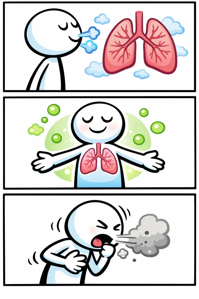 Stickman ademt diep in en uit, met nadruk op de longen, in drie panelen in Toonwords-stijl.