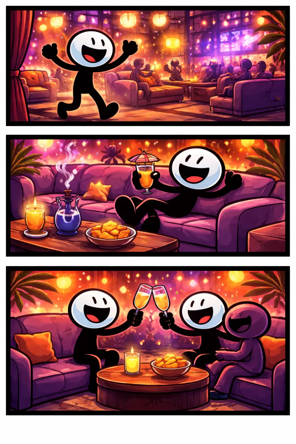 Stripafbeelding met drie unieke panelen van een stickman in Toonwords-stijl in een sfeervolle Lounge, zonder tekst en met zwart kader.