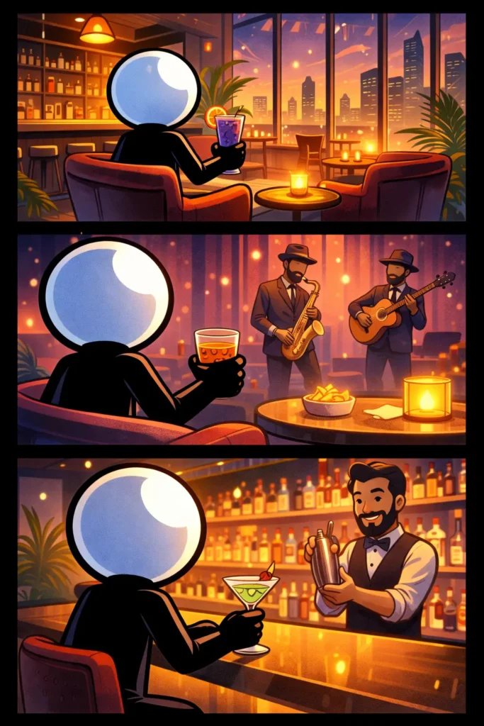 “Toonwords-strip van een loungebar met een stickman die ontspannen zit met een drankje.”
