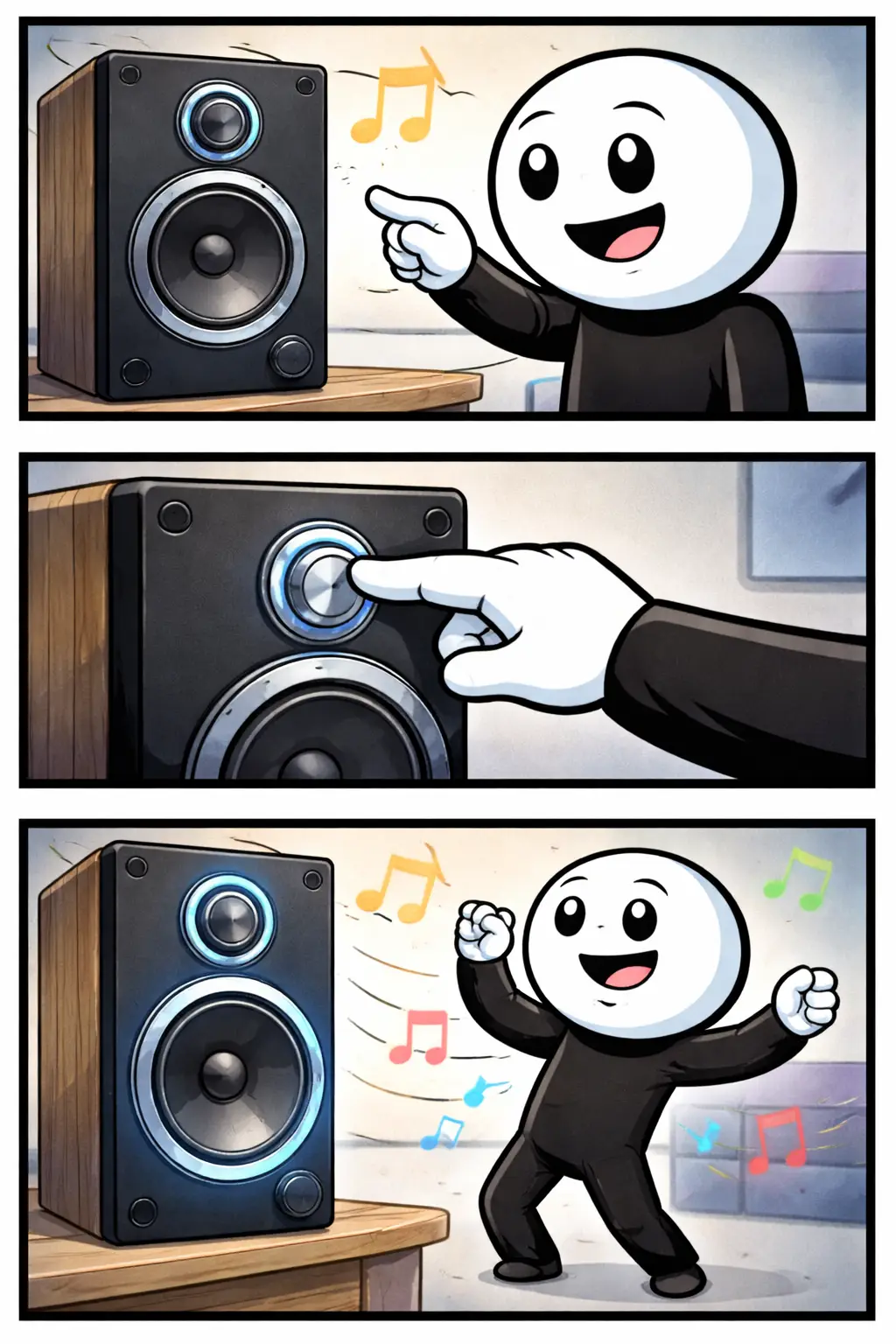 Stickman die een luidspreker aanzet waar geluidsgolven uit komen – Luidspreker.