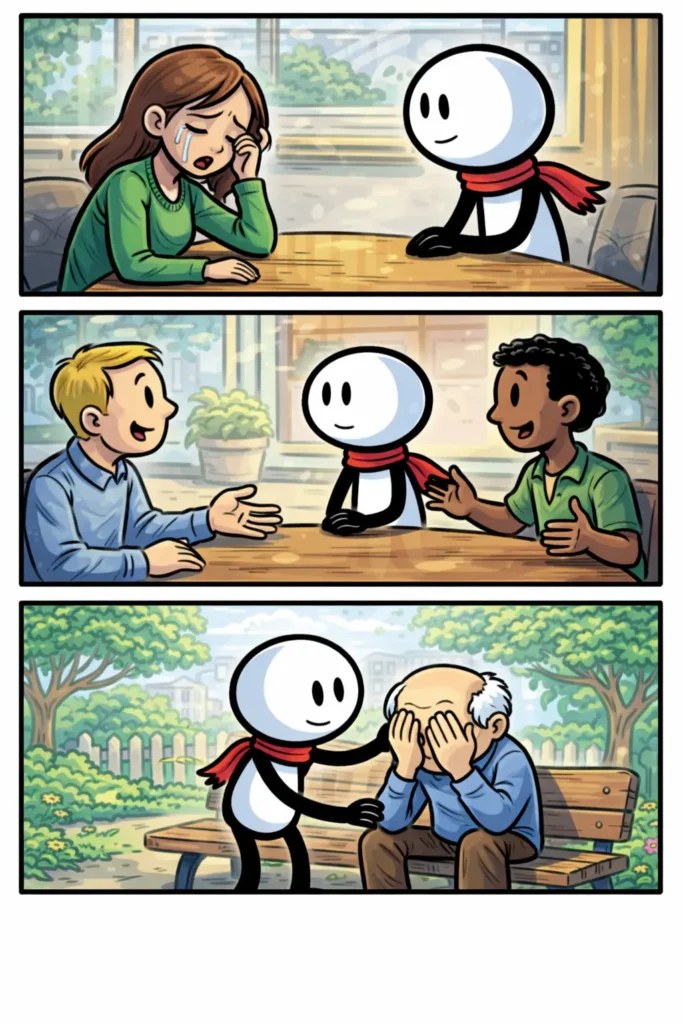 Drie panelen onder elkaar in Toonwords-stijl met een stickman die aandachtig luistert in verschillende situaties, passend bij het woord Luisteren.