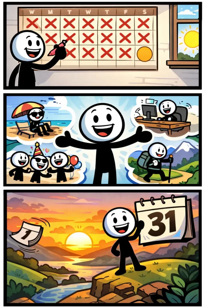 Stickman bekijkt in drie verschillende scènes hoe een maand voorbijgaat, van de eerste tot de laatste dag.