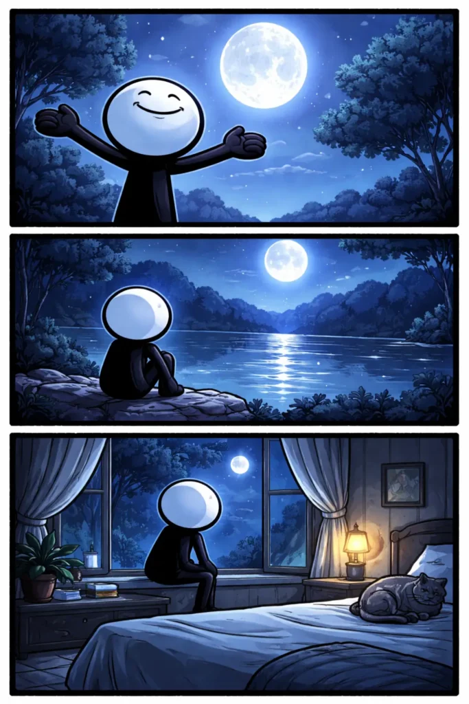 Stickman in Toonwords-stijl met witte kop en zwart lichaam die in maanlicht staat, met een rustige nachtelijke sfeer.