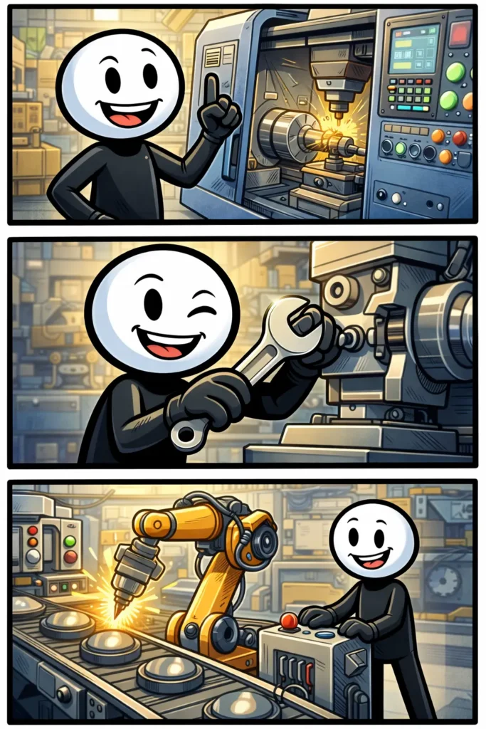 Stickman die machinewerk uitvoert in drie panelen, met gereedschap en machines — toonword machinewerk.