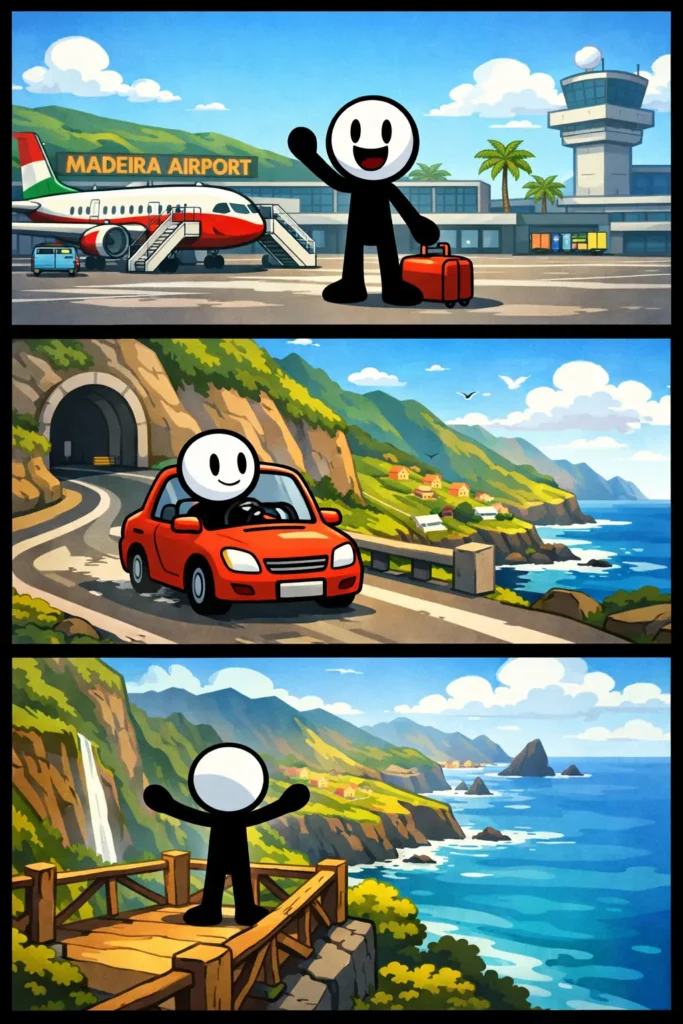 Stickman op Madeira met landingsbaan, bergwegen en uitzicht op de oceaan in Toonwords-stijl.