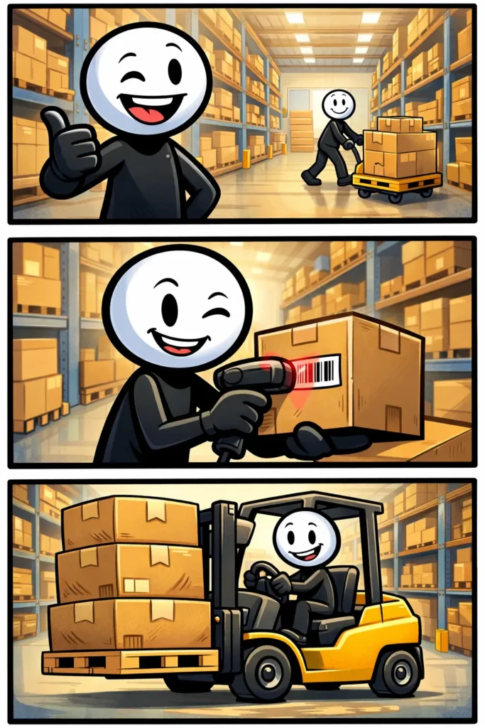 Stickman die magazijnwerk doet in drie panelen, met dozen en rekken — toonword magazijnwerk.