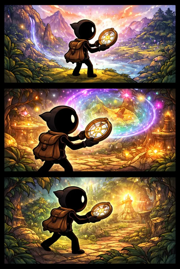 Stripafbeelding van een stickman die een gloeiend Magisch Kompas vasthoudt terwijl het licht geeft in een fantasielandschap.