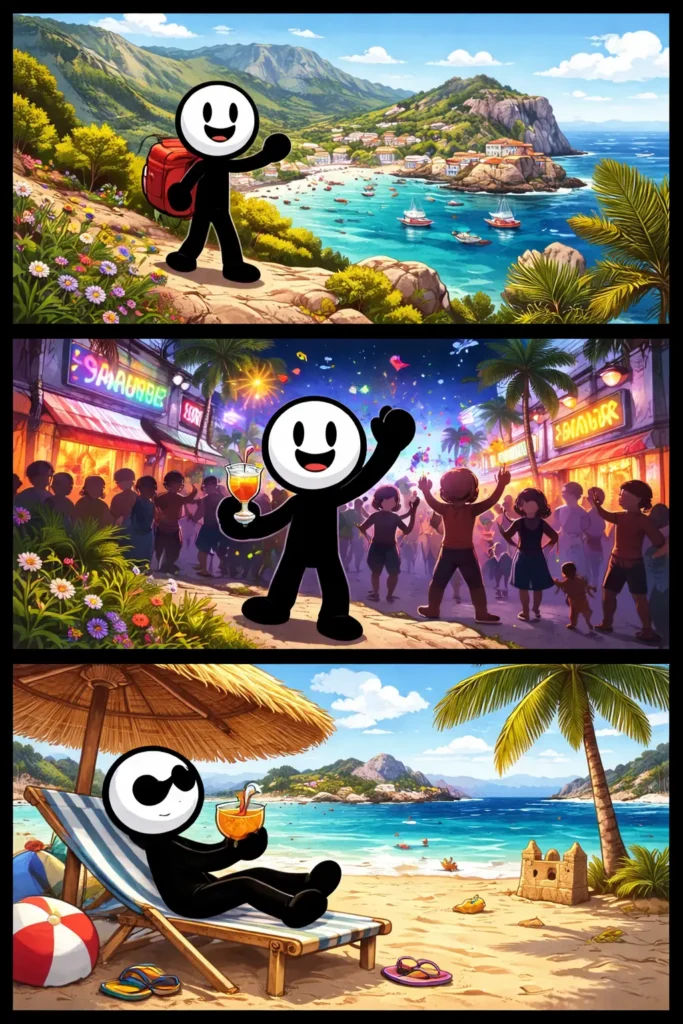 Stickman op Mallorca met kustlandschap, nachtleven en strandscène in Toonwords-stijl.