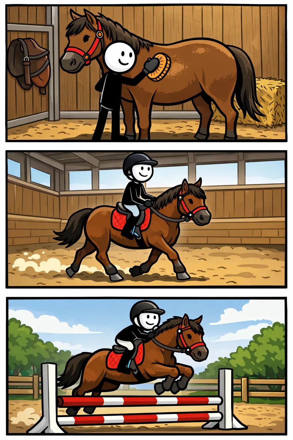 Stick borstelt een paard, rijdt binnen en springt buiten op een manege.
