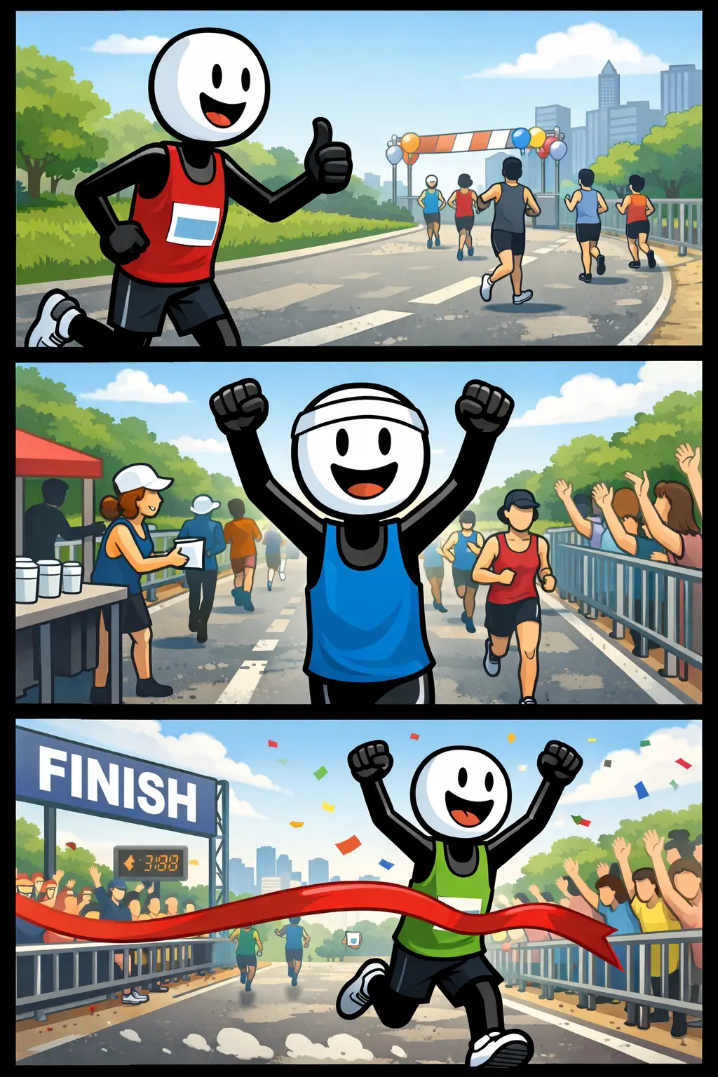 Stickman loopt een marathon: starten bij de lijn, rennen door de stad en juichend de finish bereiken.
