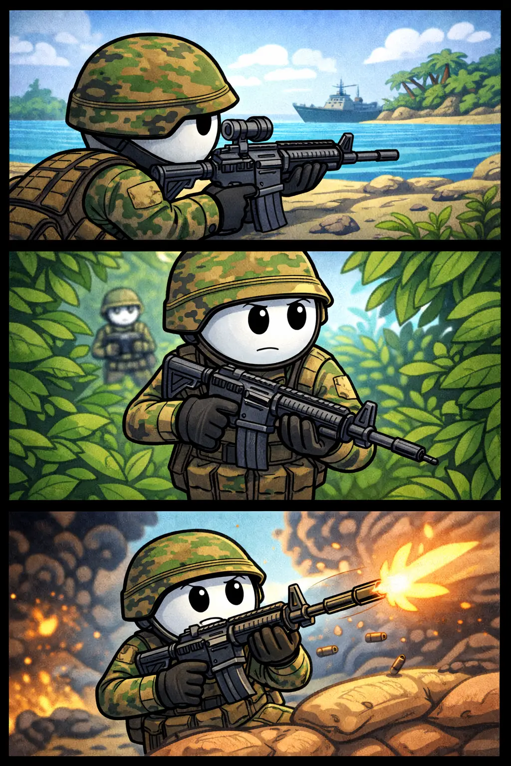 Stickman marinier in Toonwords-stijl in camouflagepak, klaar voor actie op land en nabij het water.