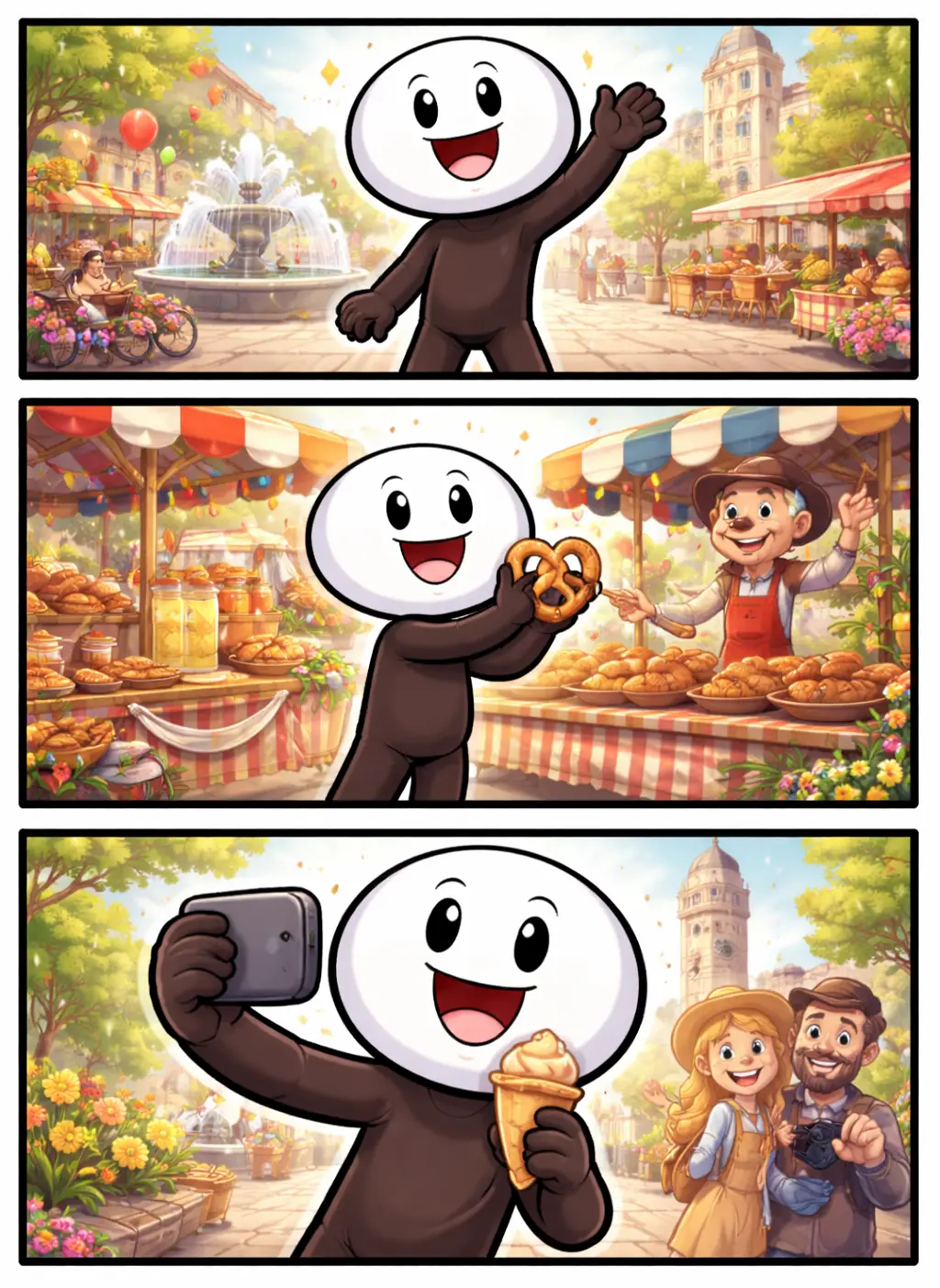 Stickman staat op een marktplein tussen kraampjes en mensen, weergegeven in drie opeenvolgende panelen in Toonwords-stijl.