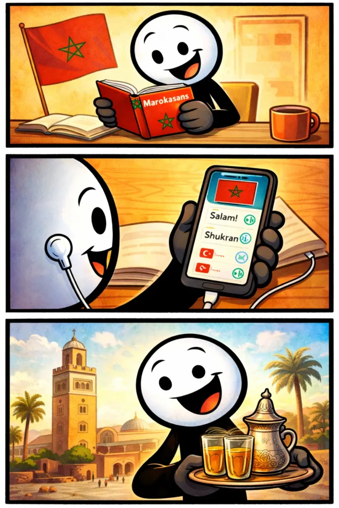 Alt-tekst:
Stickman die Marokkaans leert in drie panelen, terwijl het woord Marokkaans wordt uitgebeeld.

Alt-tekst (Marokkaans / Darija):
ستيكمان كيتعلم الدارجة فثلاثة لقطات وكيمثل الكلمة "Marokkaans".