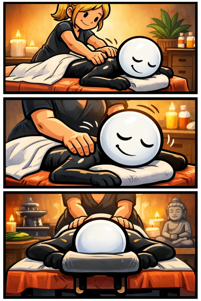 Stickman die een massage krijgt op een tafel, passend bij het Nederlandse woord “massage”, in drie verticale panelen in Toonwords-stijl.