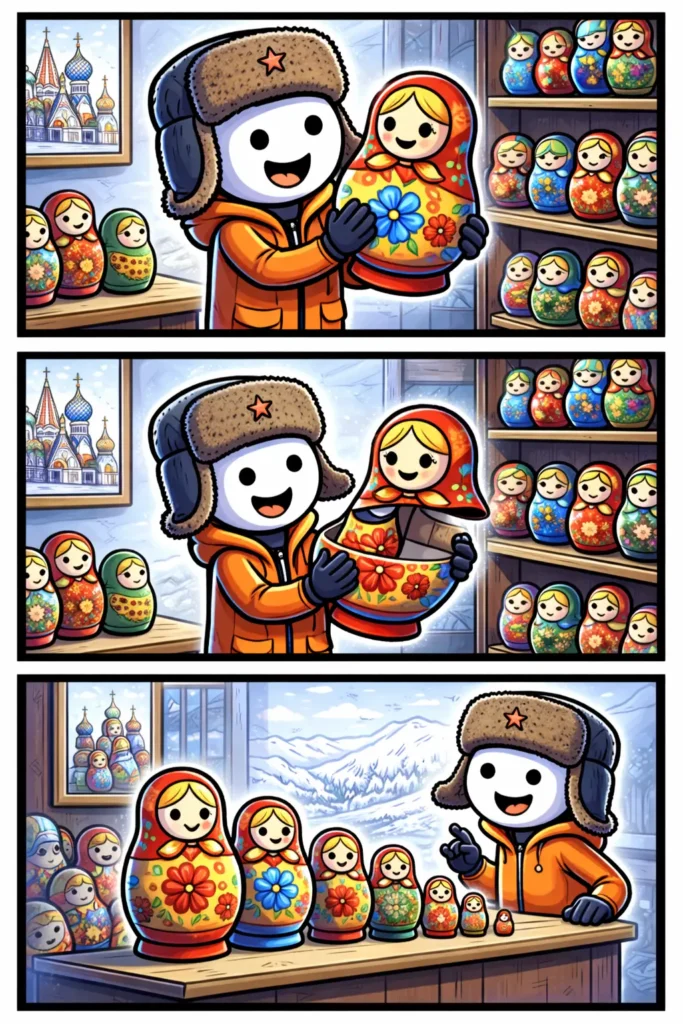 Stickman in Toonwords-stijl die een matroesjka opent en meerdere kleinere poppen toont, met het woord Matroesjka als thema.