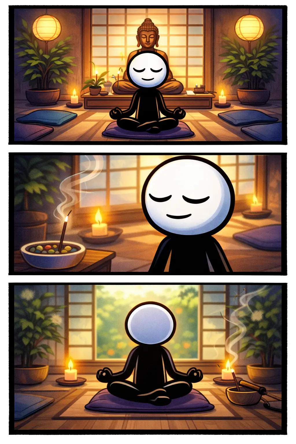 Stickman die in een rustige meditatieruimte zit in Toonwords-stijl, met zachte kleuren en een serene sfeer.
