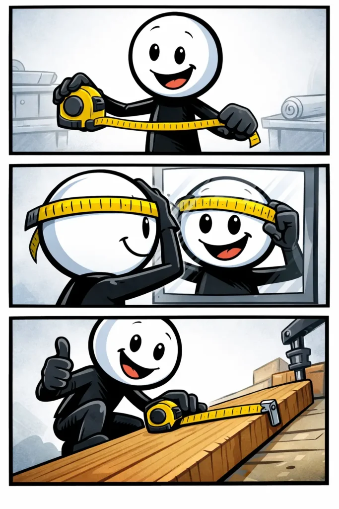 Stickman gebruikt een meetlint in drie scènes — meten van objecten in Toonwords-stijl, Meetlint.