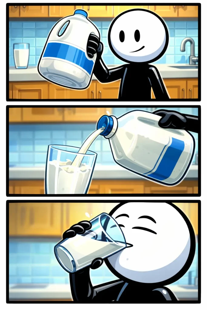 Een Toonwords-stickman die in drie camerastandpunten een glas melk schenkt en drinkt.