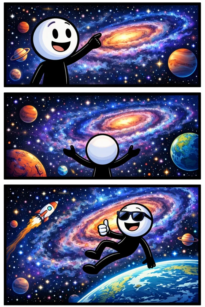 stickman die in de ruimte zweeft en naar de Melkweg kijkt met verschillende kleurrijke sterren om zich heen.