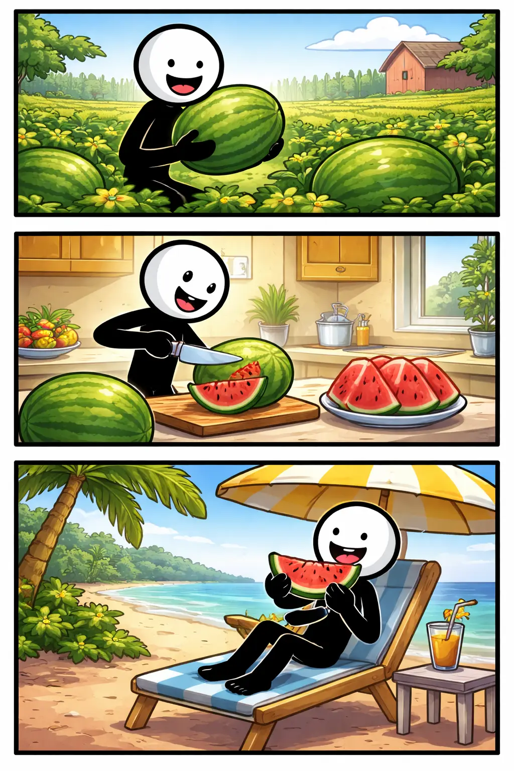 Stickman houdt, snijdt en eet een meloen in drie verschillende zomerse scènes.