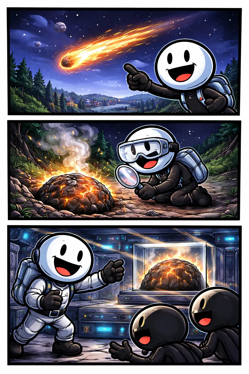 Een meteoriet die brandend door de ruimte naar beneden valt met een stickman die toekijkt — meteoriet.