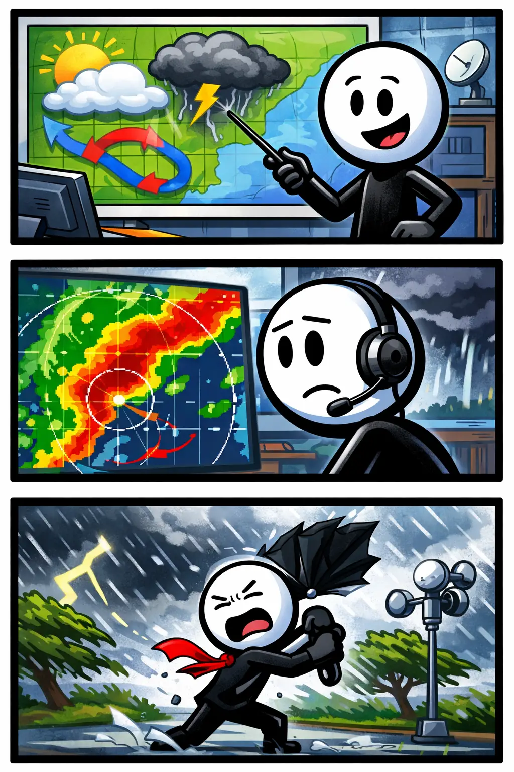 Stickman in Toonwords-stijl als meteoroloog die het weer onderzoekt.