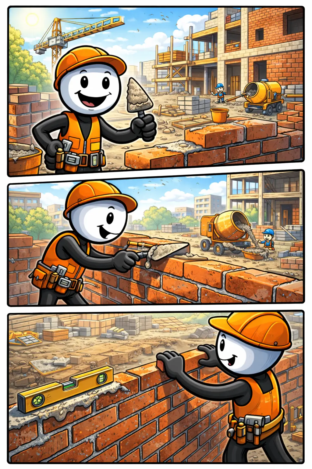 Toonwords-stripafbeelding van een stickman die een muur metselt met bakstenen en specie, bij het Nederlandse woord Metselen.