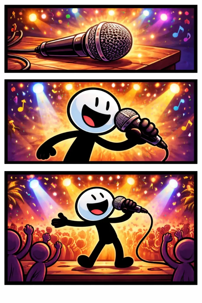 Stripafbeelding met drie unieke panelen van een stickman in Toonwords-stijl met een Microfoon, zonder tekst en met zwart kader.