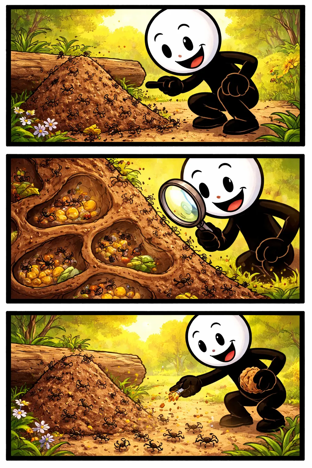 Stickman bekijkt een mierennest van dichtbij in een groene omgeving – Mierennest.