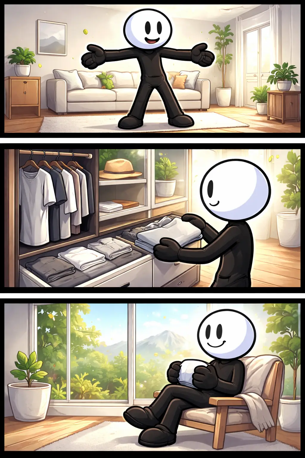 Toonwords-strip met een stickman in een opgeruimde, rustige kamer die minimalisme uitbeeldt.