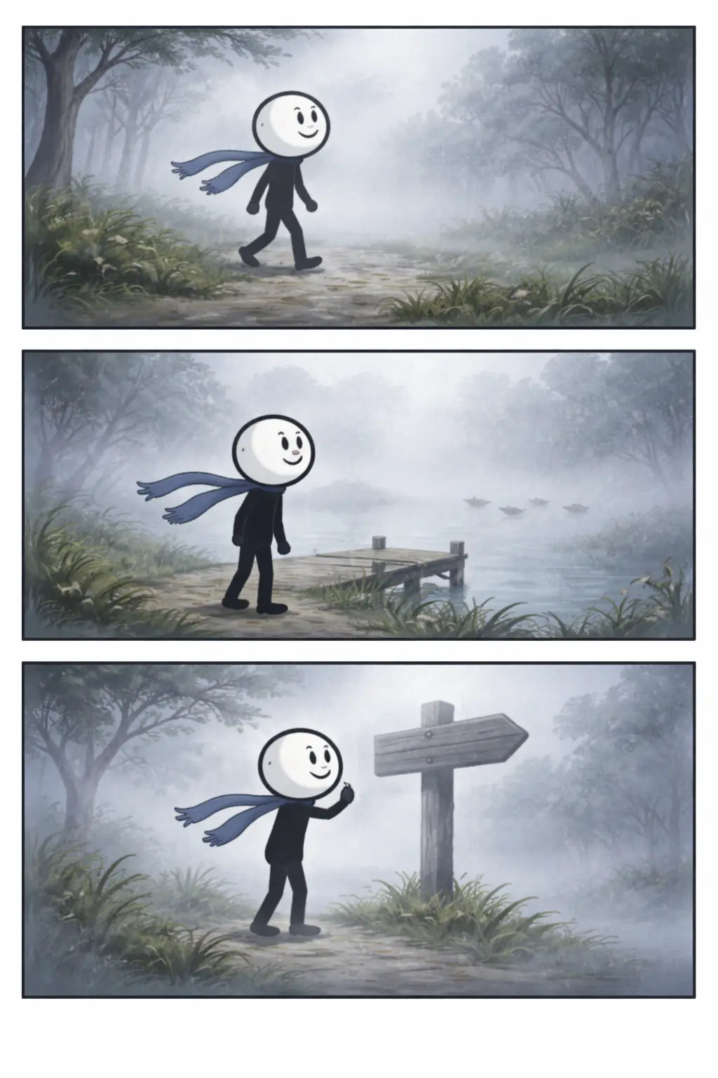 Drie panelen stripillustratie in Toonwords-stijl van een stickman die door een mistige omgeving loopt, passend bij het woord mist.