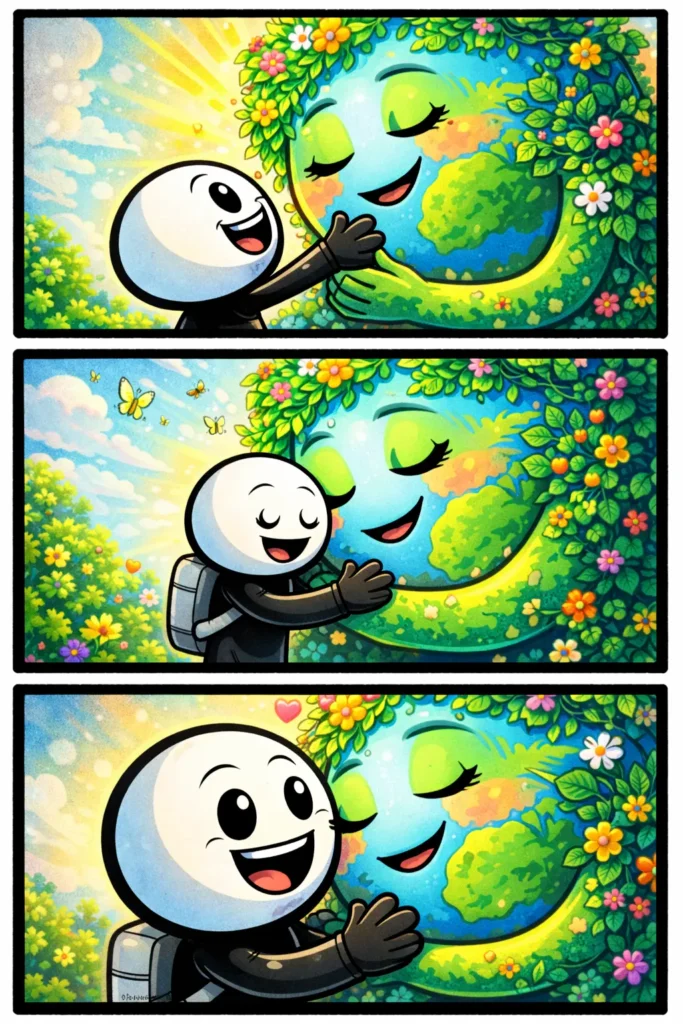 Stickman kijkt liefdevol naar een grote, stralende Moeder aarde die boven het landschap hangt.