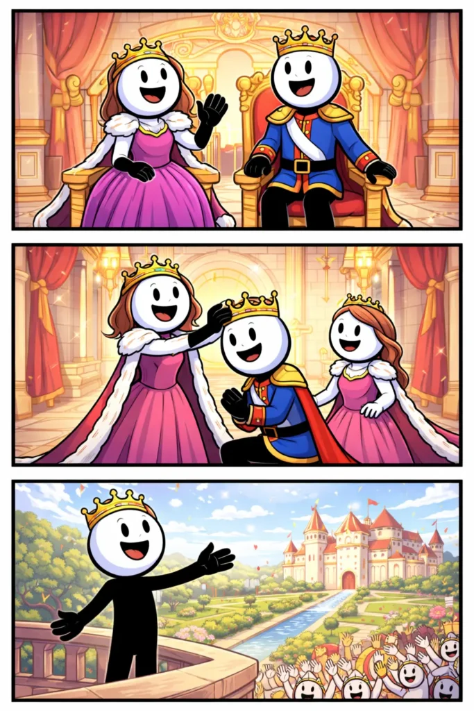 Een stickman die een kroningsscène uitbeeldt past duidelijk bij het woord monarchie.